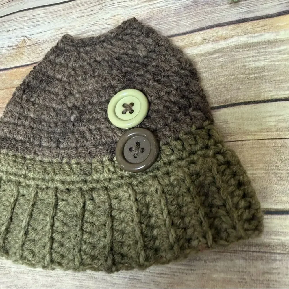 Stylish Knit Women's Beanie with Buttons - Olive and Chocolate Messy Bun